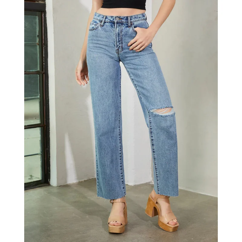 سراويل نسائية مستقيمة الساق على الطراز الأوروبي والأمريكي، سراويل متوترة جديدة أنيقة عالية الخصر، جينز ممزق عصري مغسول