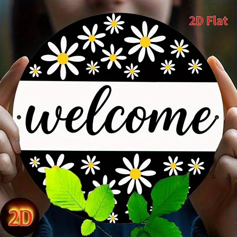 2D Plane, 1pc- Daisy Wreath Welcome Theme, 7. 8- Inch Round Iron Sign Hanging Painting, Is an Ideal Gift for Home and Restaurant