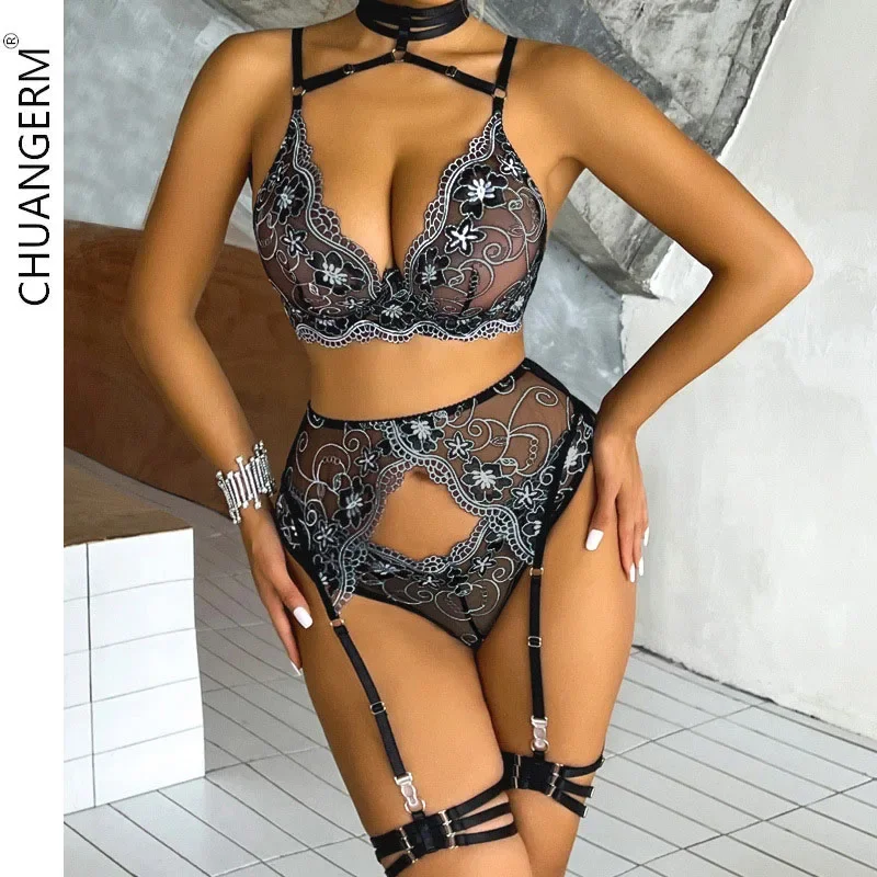 

Сексуальное кружевное нижнее белье chuanger, кружевное нижнее белье с вышивкой, флюороскопический сексуальный бюстгальтер, прозрачное кружевное эротическое нижнее белье с подвязками на шею