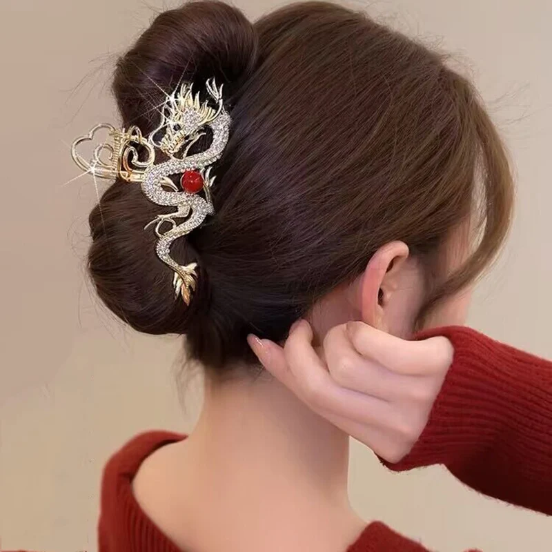 New Women Luxury Rhinestone Pearl Dragon Hair Claw Shark Clip Vintage Shiny Hairpin Hair Crab for Girl Hair Accessories Headwear