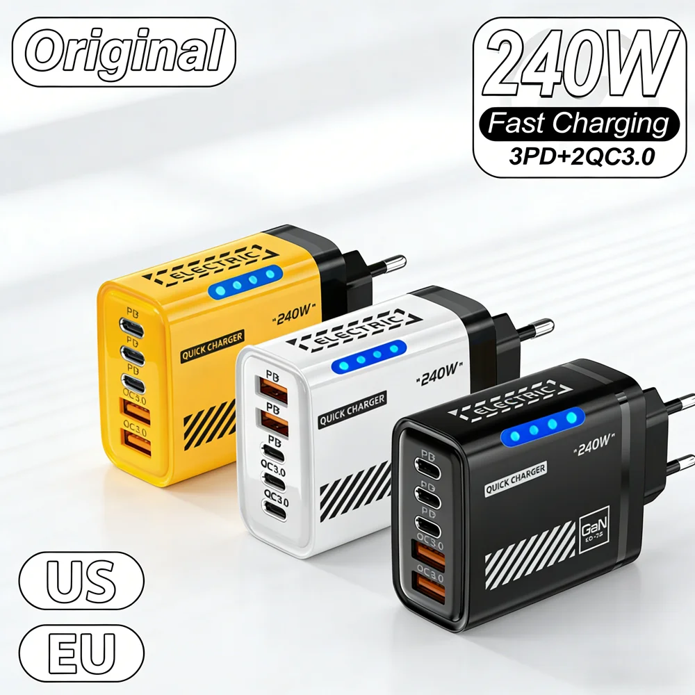 240W GaN Phone Fast Charger 5 Ports 3USB 2PD Fast Charging QC 3.0 Wall Charger Adapter For iPhone Samsung Xiaomi US EU