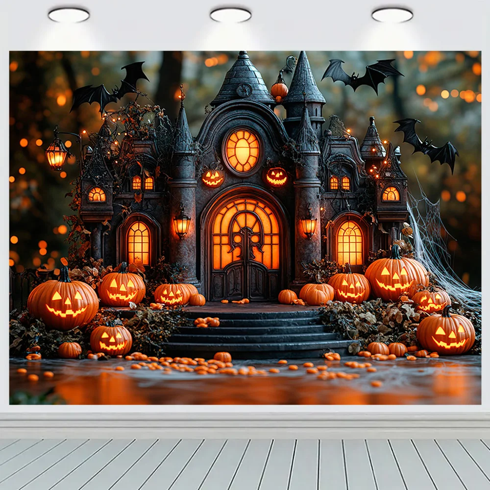 3d Podium rumah hantu latar belakang Hari Halloween langkah bersinar poster hantu seram dinding jaring laba-laba fotografi latar belakang GW-04