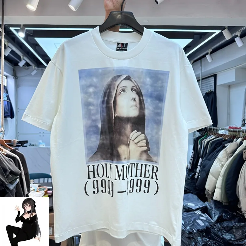 White Sanit Holy Mother Pray Print T-shirt Men Women 2025 Summer Daily Street High Quality Short Sleeve Oversize Tees Top