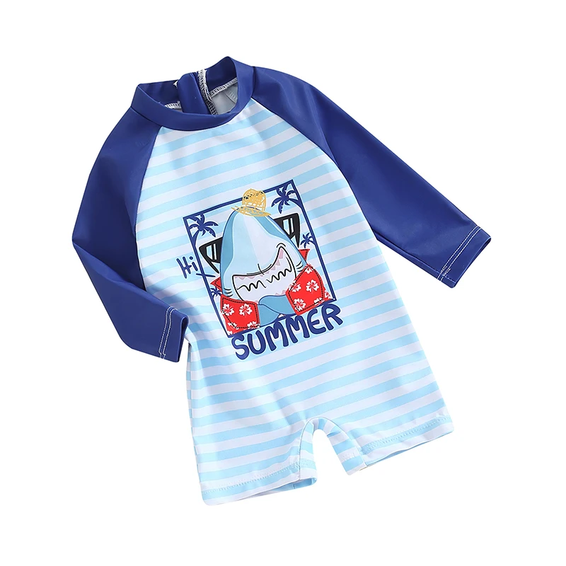 Kids Boys Summer Swimwear Casual Whale Print Long Sleeve Monokini Swimsuit Beachwear Bathing Suit