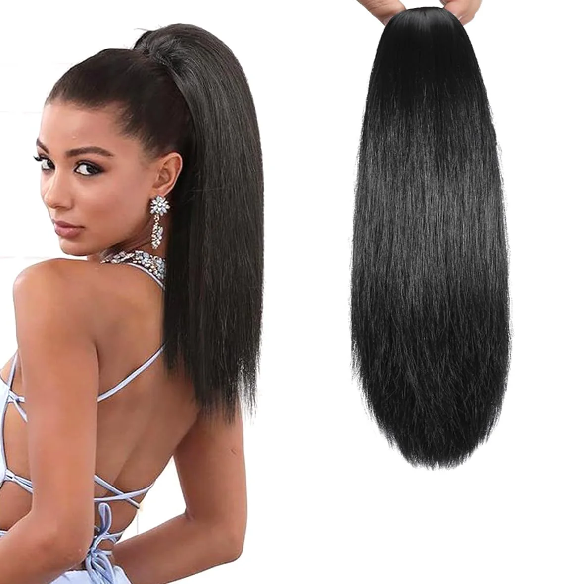 Claw Ponytail Extension Black 16 Inch Straight Clip in Pony Tails Hair Extensions Synthetic Hairpieces for Women