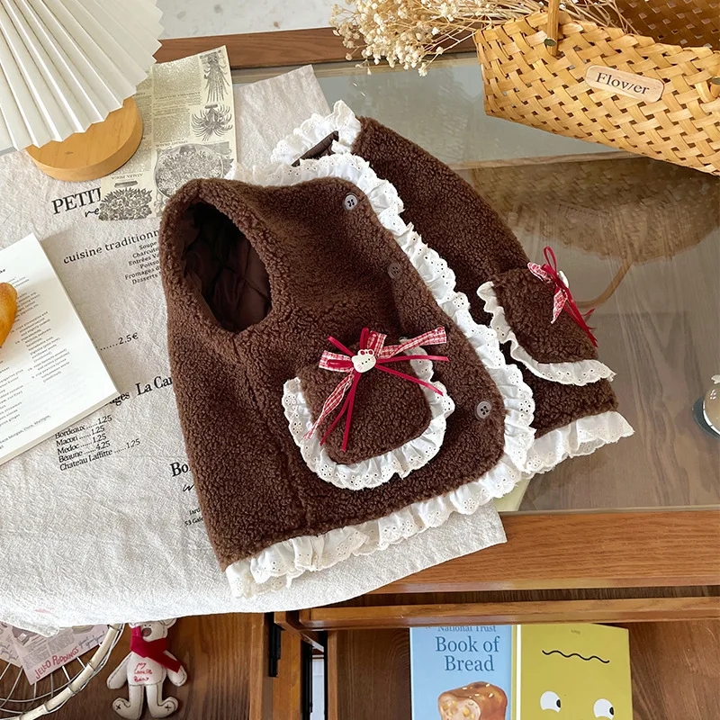 

DW252285Children's Quilted Vest2025Autumn and Winter New Style Toddler Bowknot Lace Padded Vest Wholesale