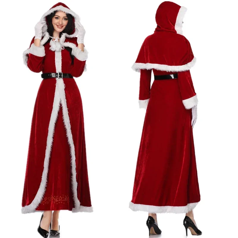 Sexy Christmas Costume Dress Women Fur Trim Christmas Santa Claus Cloak Xmas Costumes Winter Little Red Ridding Hood Long Dress