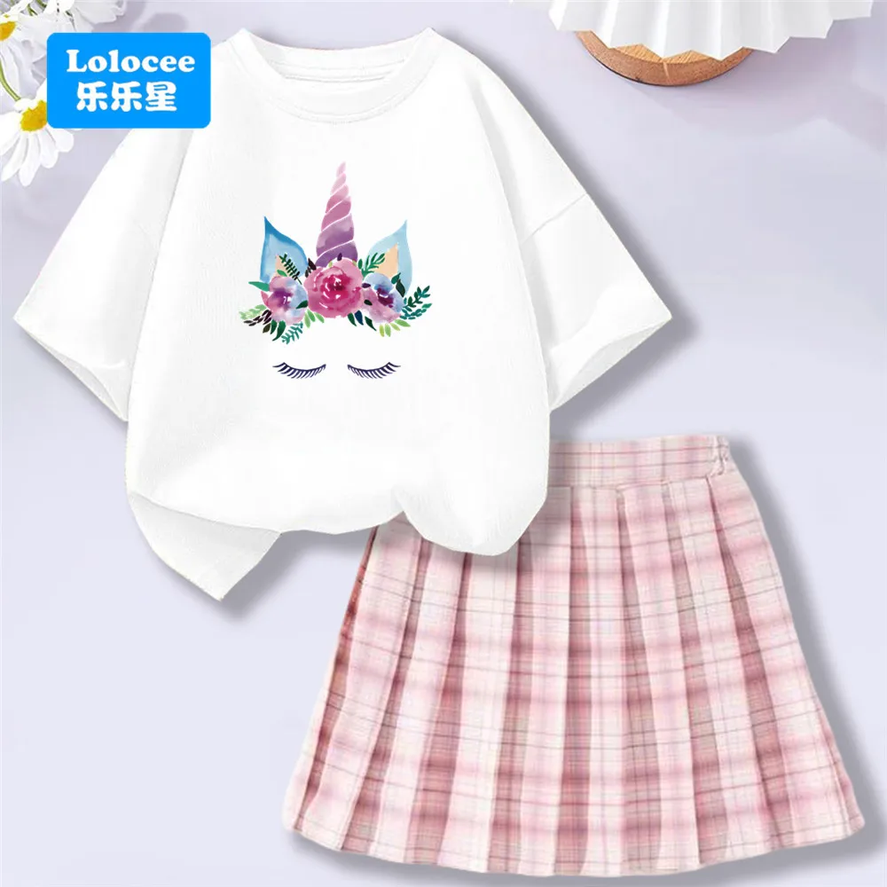 Girls' Cute Floral Unicorn Tee Shirt & Plaid Skirt 2 Piece Clothes Set School Short Sleeve Top Bottom Outfits