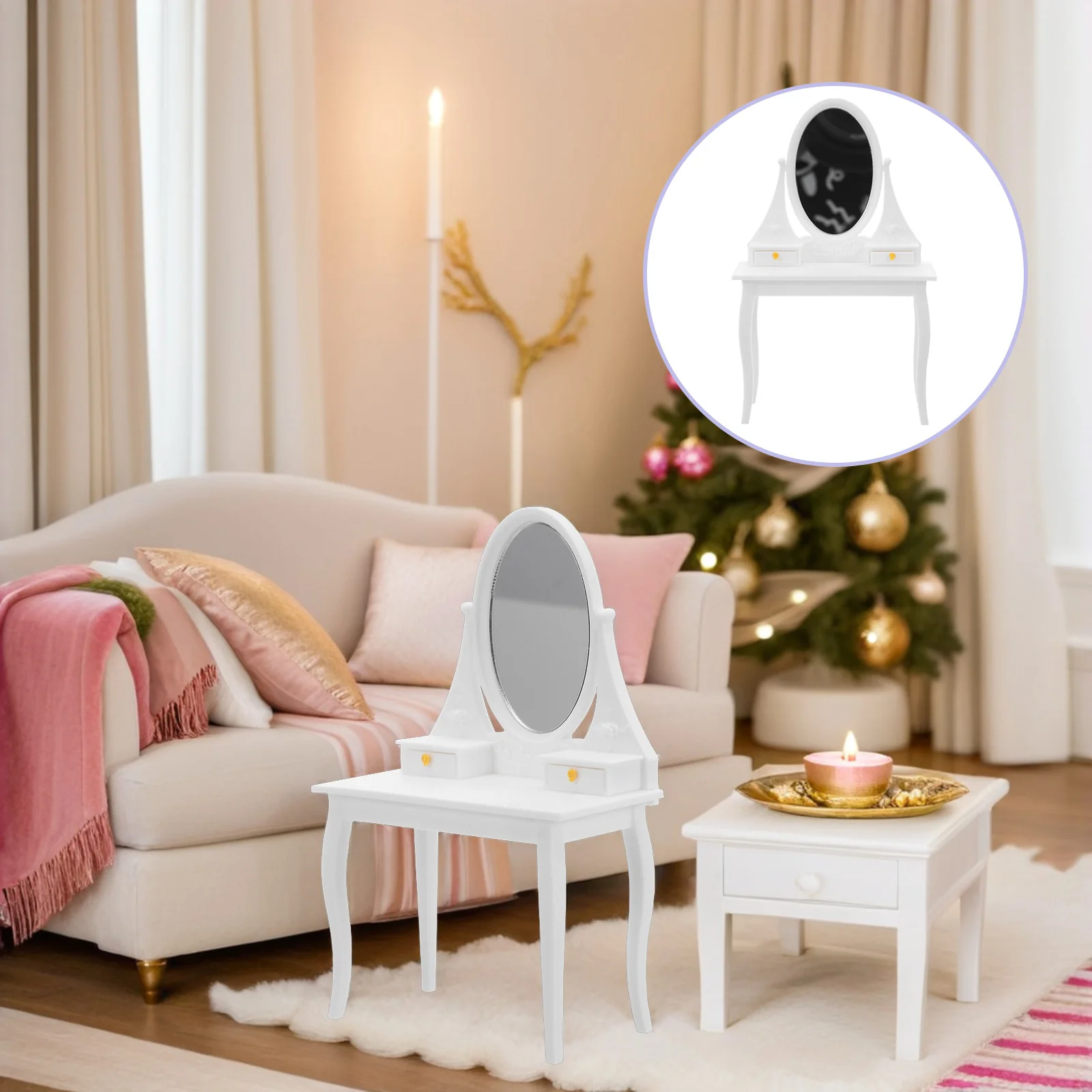Mini-Kommode mit Spiegel: Realistischer Miniatur-Puppenhaus-Schminktisch im Vintage-Stil, Schlafzimmermöbel für Kinder, Spielset, Puppenhaus