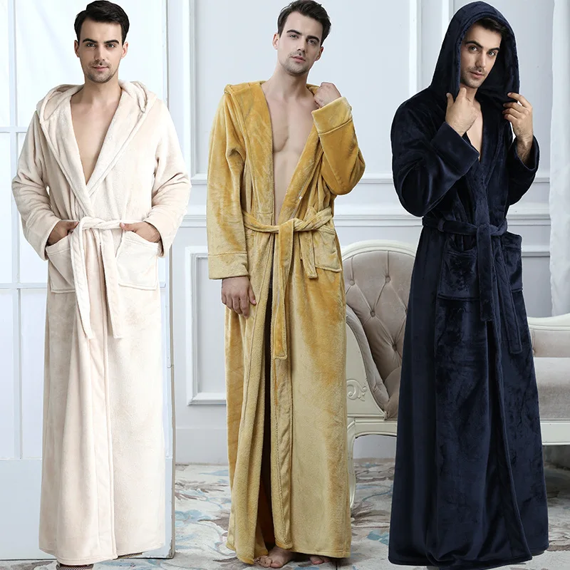 Winter Thick Warm Men's Robe Flannel Hooded Kimono Bathrobe Gown Sleepwear Loose Coral Fleece Loungewear Homeclothes with Pocket