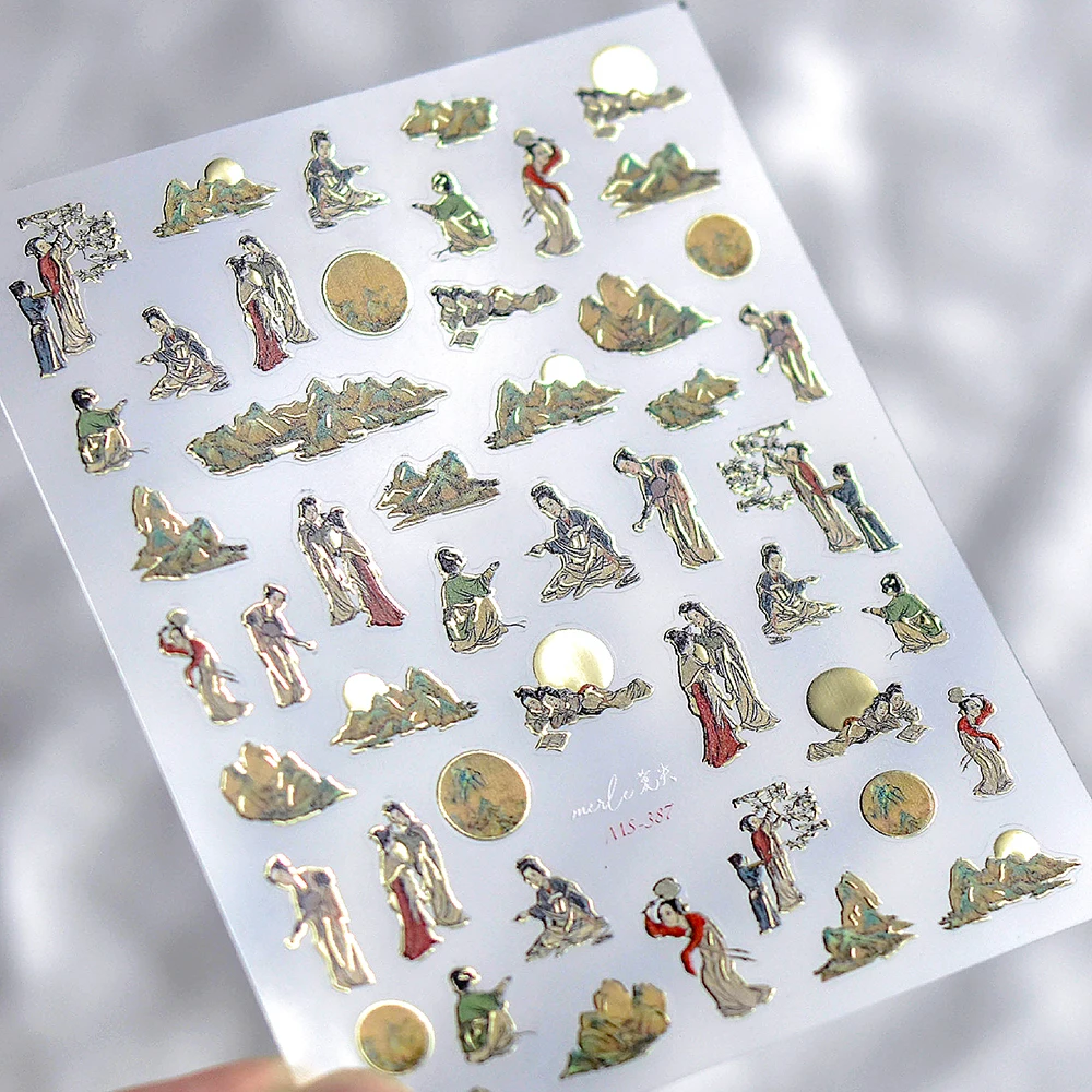 Hot Stamping Chinese Ancient Style The Maidens Painting 3D Self Adhesive Nail Art Decorations Stickers Vintage Manicure Decals