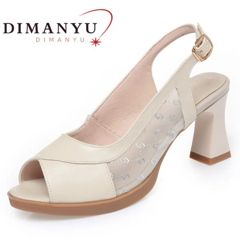 DIMANYU Female Sandals Genuine Leather 2024 New Summer High Heels Women's Shoes Fishmouth Mesh Fashion Ladies Sandals