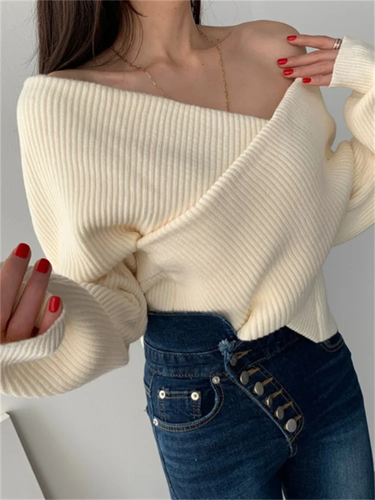 

Off Shoulder Sweater Women Oversize Loose Casual V-neck Knitted Pullover Female Korean Fashion Chic Jumper Lady Elegant Knit Top