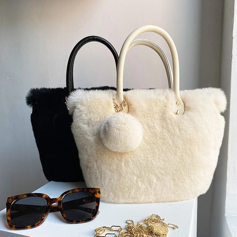 Ladies Luxury High Quality Fur Bag Fashion Rex Rabbit Fur Handbag New Large Capacity Magnetic Buckle Closed Plush Handbag