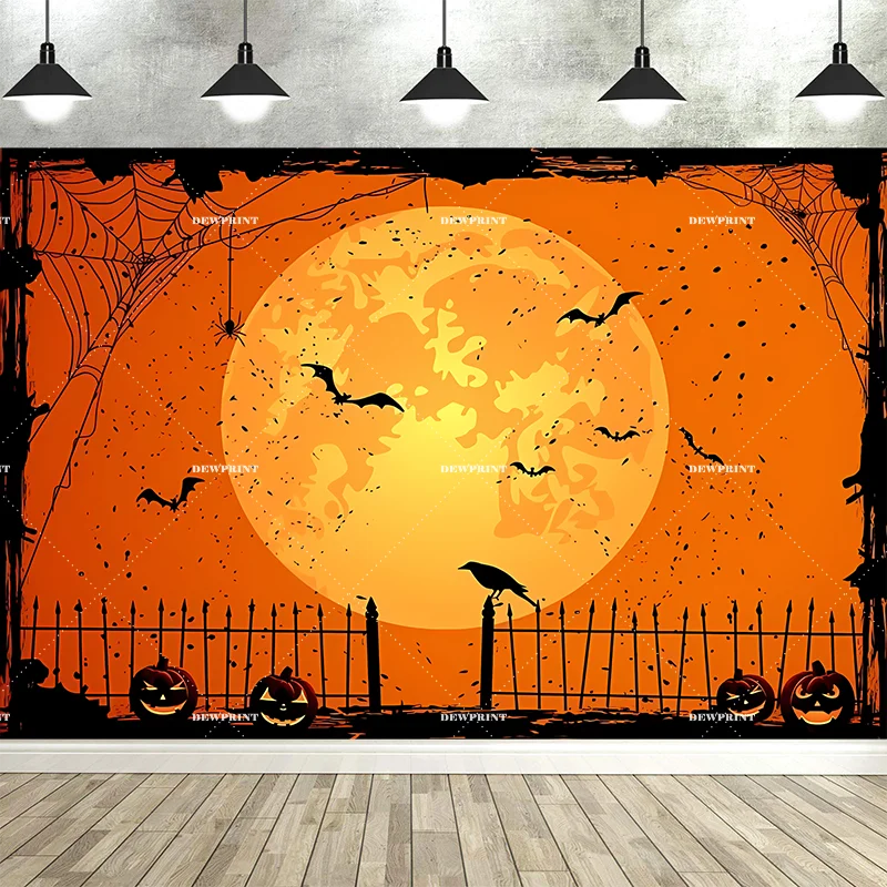 Happy Halloween Party Decor Background Graveyard Pumpkin Lights Witch Broom Halloween Eve Moon Horror Theme Photography Backdrop