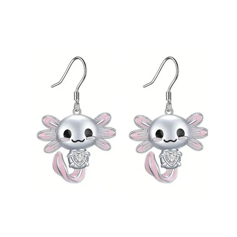 Cute Pink Heart Crystal Salamander Earrings For Girls Women Enamel Cartoon Newt Dangle Earrings Jewelry