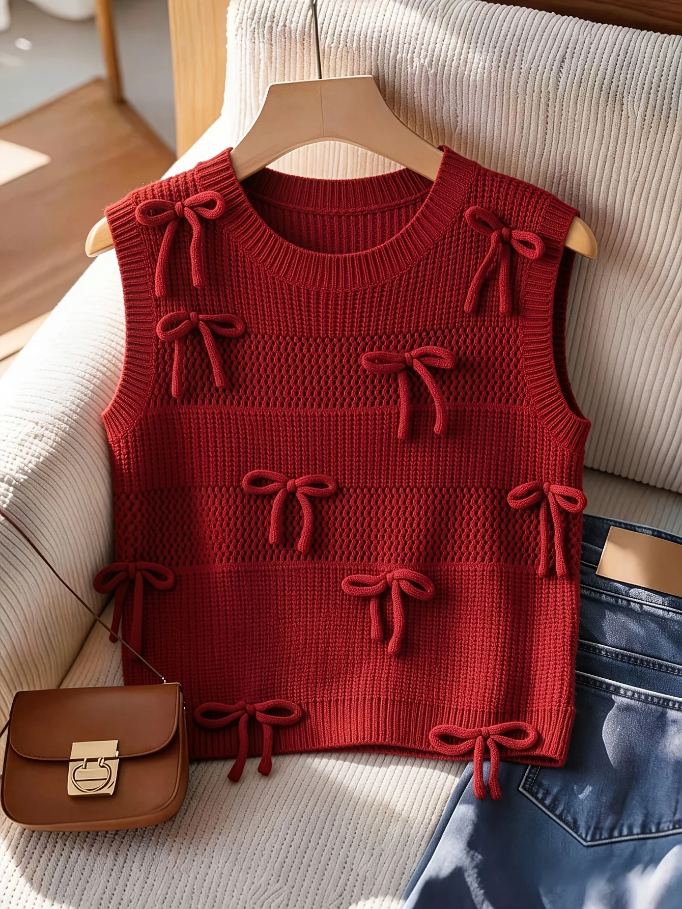 

Cute Bowknot Sleeveless Knit Vest, Spring Summer Crew Neck Thin Hollow Out Knit Top, Fashion Short Women's Tops