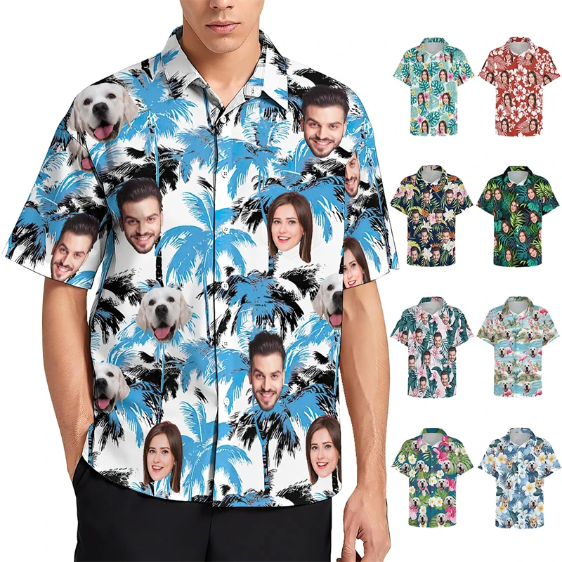 

Funny Custom Face Pet Hawaiian Shirt Summer Fashion Unisex Personalized 3D Printed Couple Shirt Loose Breathable Family Blouses