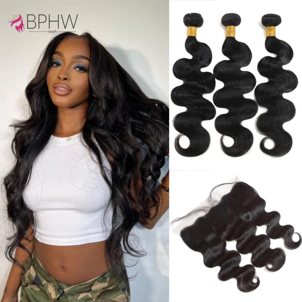 BPHW 12A Body Wave 3 Bundles With 13x4 lace Frontal 100% Human Hair Extensions 30Inch Brazilian Hair For Black Women Virgin Hair