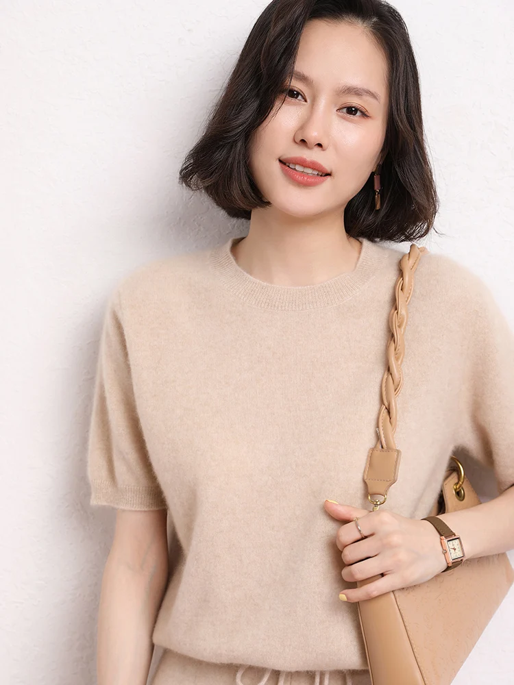 High-end Women Cashmere Pullover Sweaters For Spring Summer Round Collar Half-sleeve T-Shirt Office Lady 100% Cashmere Knitwear