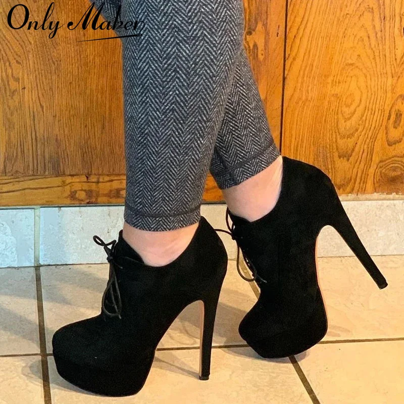 Onlymaker Women Platform Sexy High Heel Ankle Boots Lace Up Stiletto Comfortable Party Flock Booties Plus Size Handmade Shoes