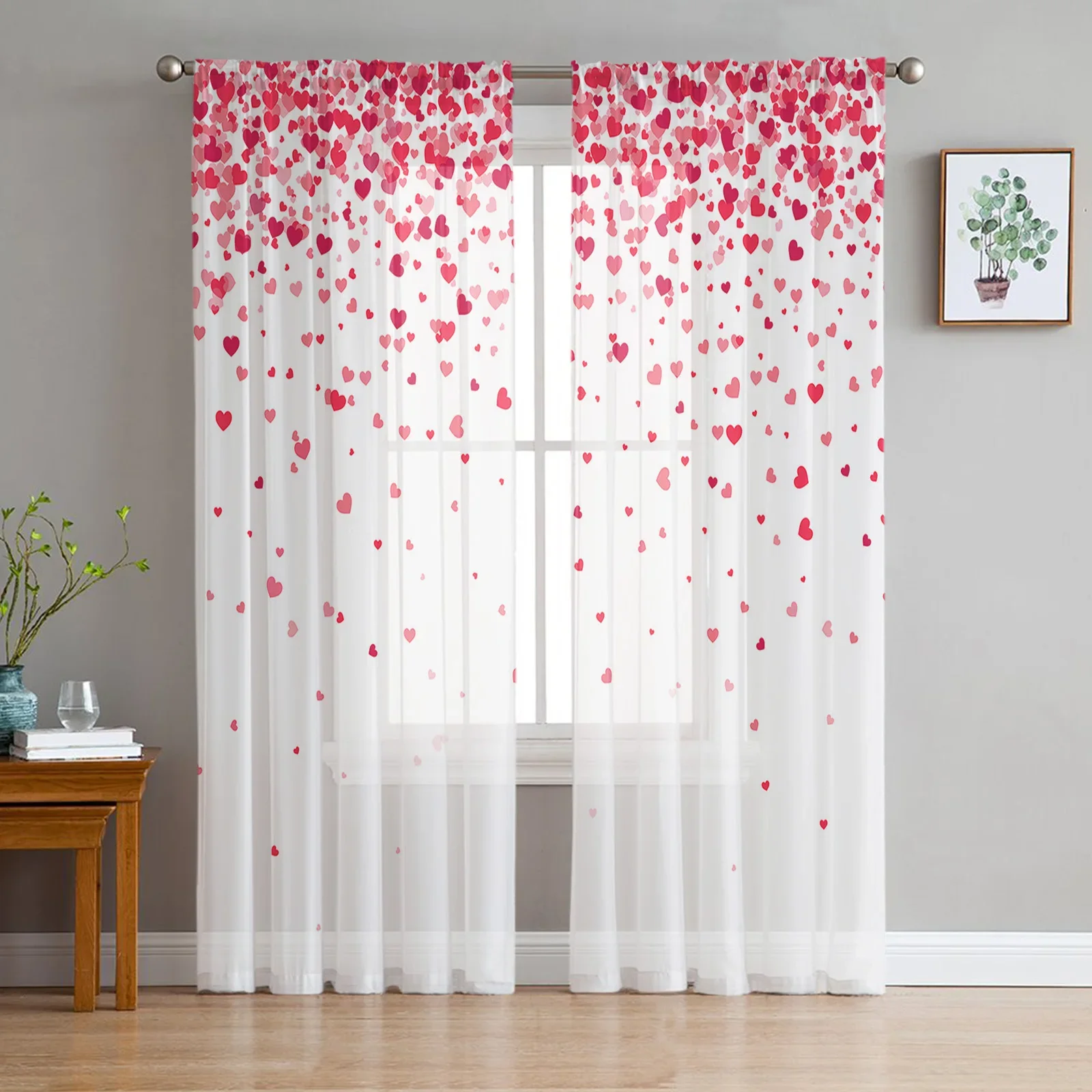 Valentine'S Day Love Texture Tulle Curtains For Living Room Kitchen Decoration Chiffon Window Treatments Voile Sheer Curtain