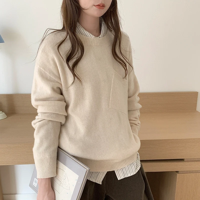 Autumn Winter New Arrival Women's Merino Wool Pullover Sweater O-Neck Patch Pocket Effortless Understated Long Sleeve Knit Top