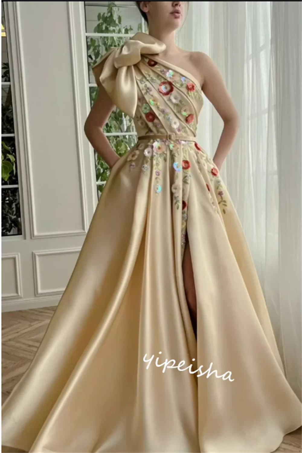 Customized S Draped Bow Applique Party Ball Gown One-shoulder Bespoke Occasion  Long Dresses