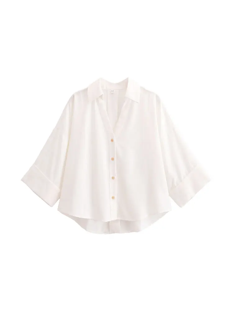 

GELITAYIN Women Fashion Front Button Loose Blouses Lapel Collar Long Sleeve Female Shirts Chic Tops
