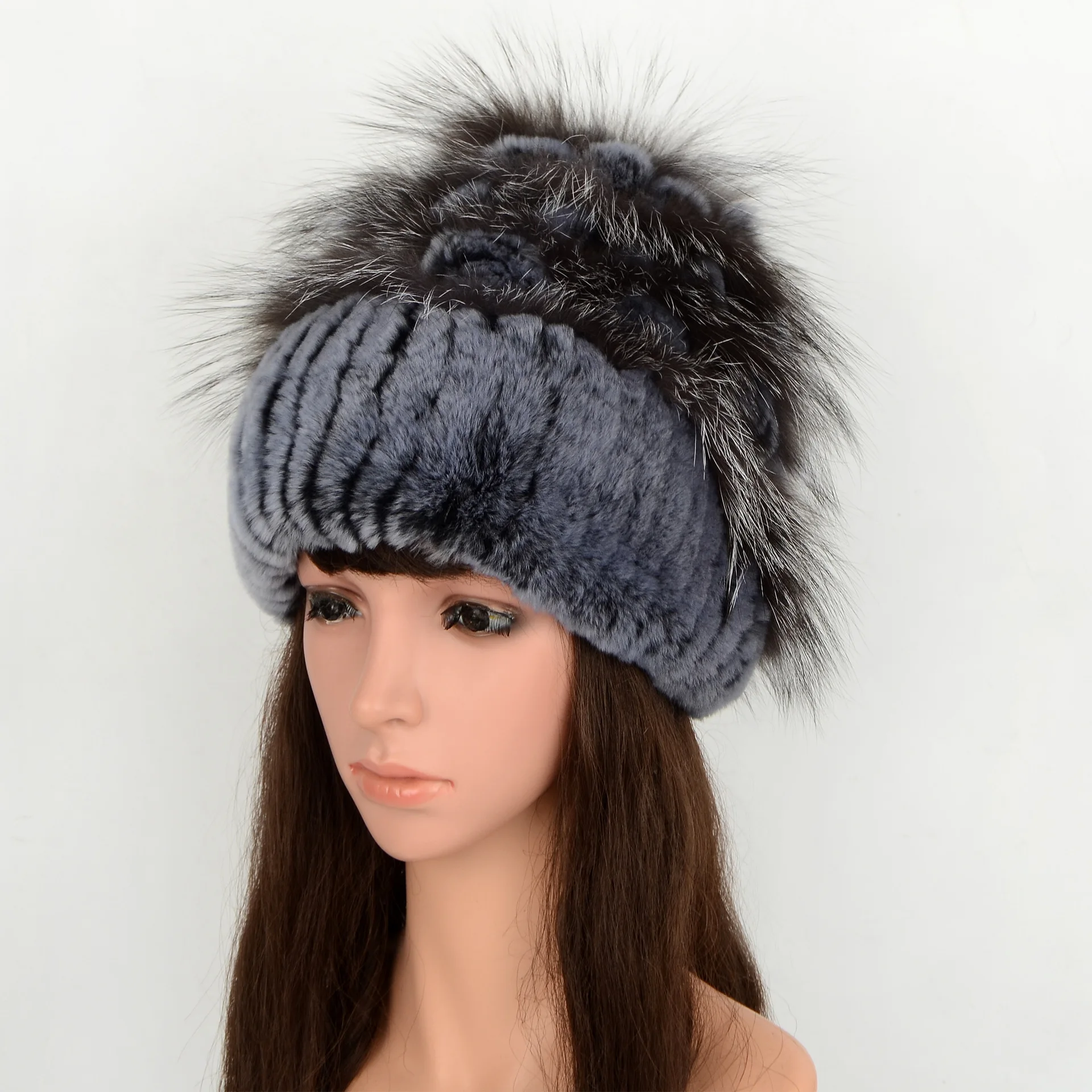 Natural Rex Rabbit Fur Beanie Hat for Women Warm Thick Hand Knitted Autumn Winter Adjustable Travel Casual Custom Fit