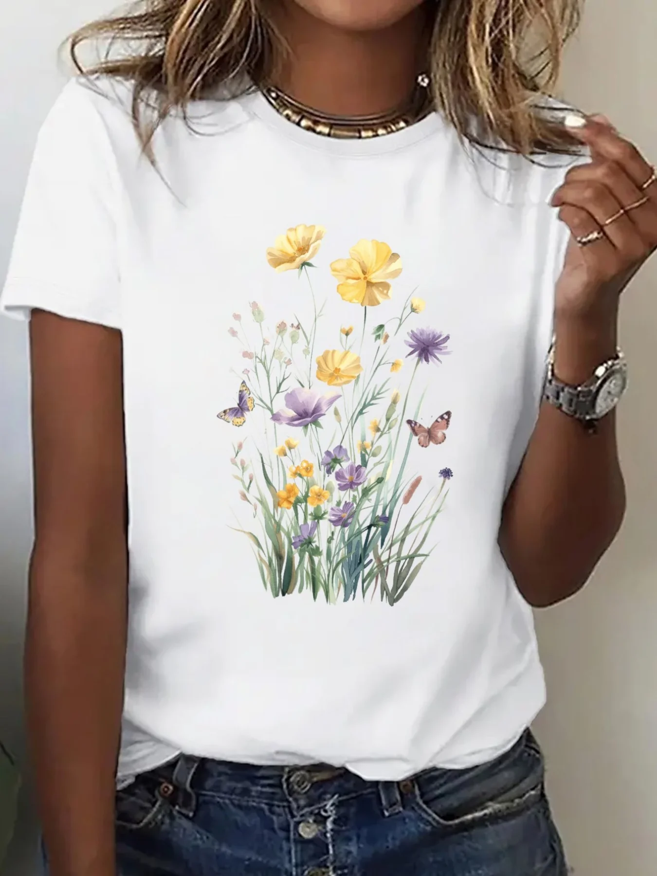 

Vibrant Floral Print T-Shirt Women's Harajuku Short Sleeve Casual Women's T-shirt Clothing Street Tops Tees Aesthetic Clothes