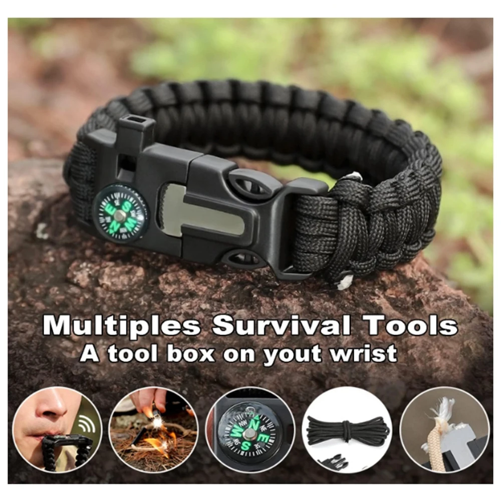 Outdoor Multi-function Survival Bracelet Emergency Rescue Bracelet with Compass Tactical Survival Tool Whistle Survival Bracelet