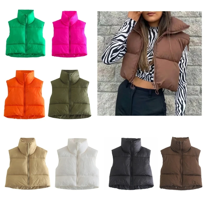 Women Winter Lightweight Crop Puffer Vest Sleeveless Zipper Up Stand Collar Padded Waistcoat Drawstring Hem Outerwear