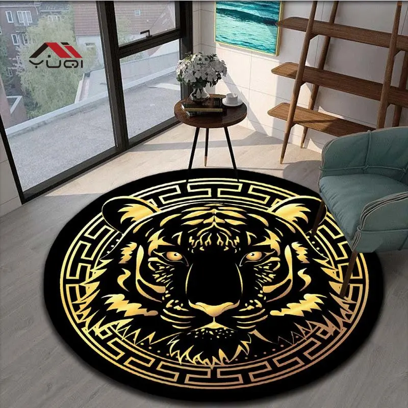 Tiger Head Pattern Round Rug Bedroom Area Atheist Household Bath Chair Mat Black Carpet Living Room Home Decoration 5 Sizes