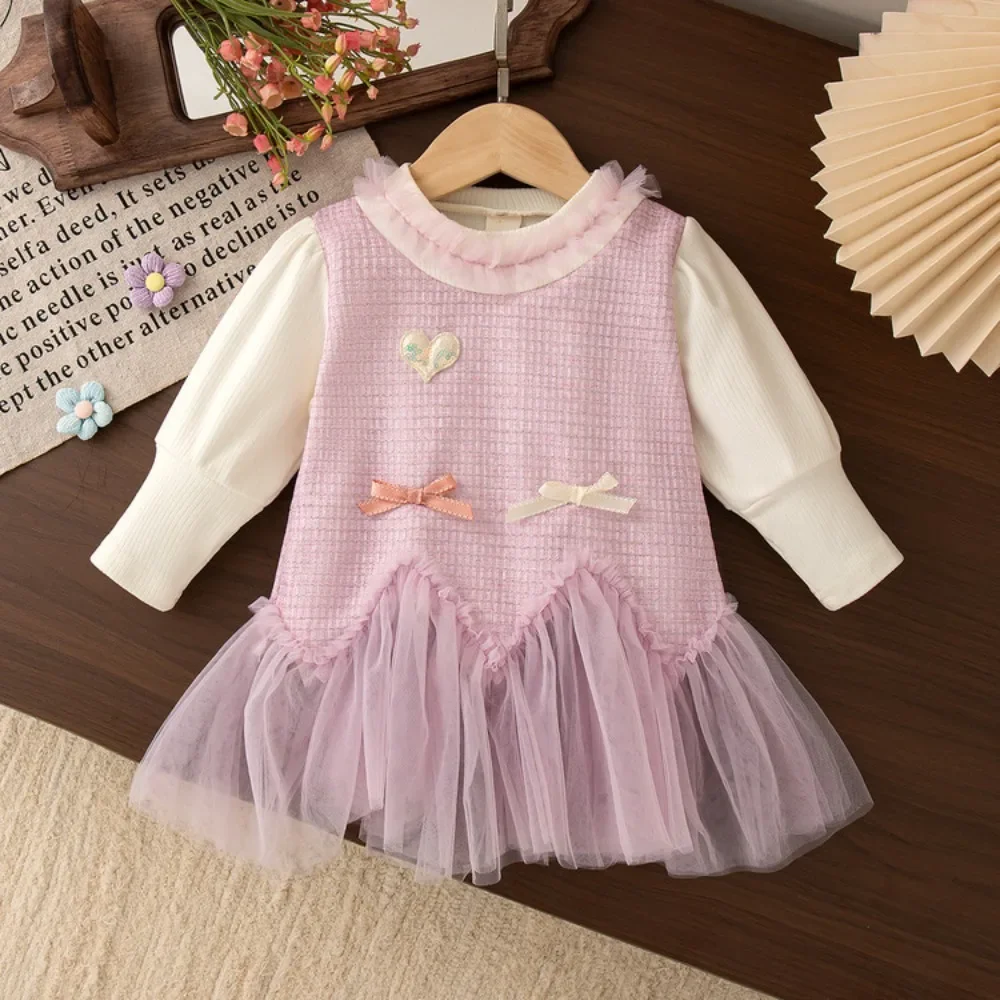 

Autumn Korean Version New 1-4 Year Old Baby Clothing Sweet Bow Long Sleeve Spliced Mesh Girls Dresses Children's Clothes