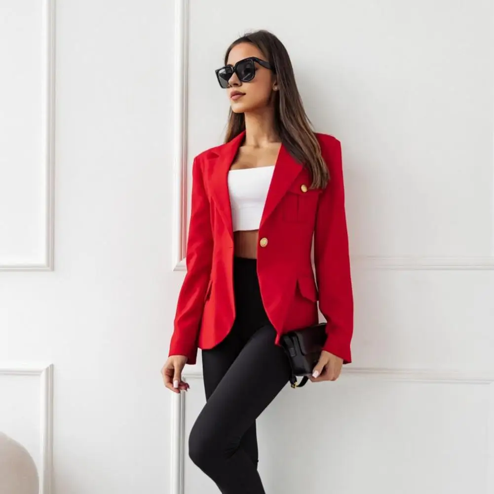 Loose Fit Suit Coat Elegant Lapel Suit Coat for Women with Flap Pockets Single Button Closure Stylish Office Lady Outwear for A