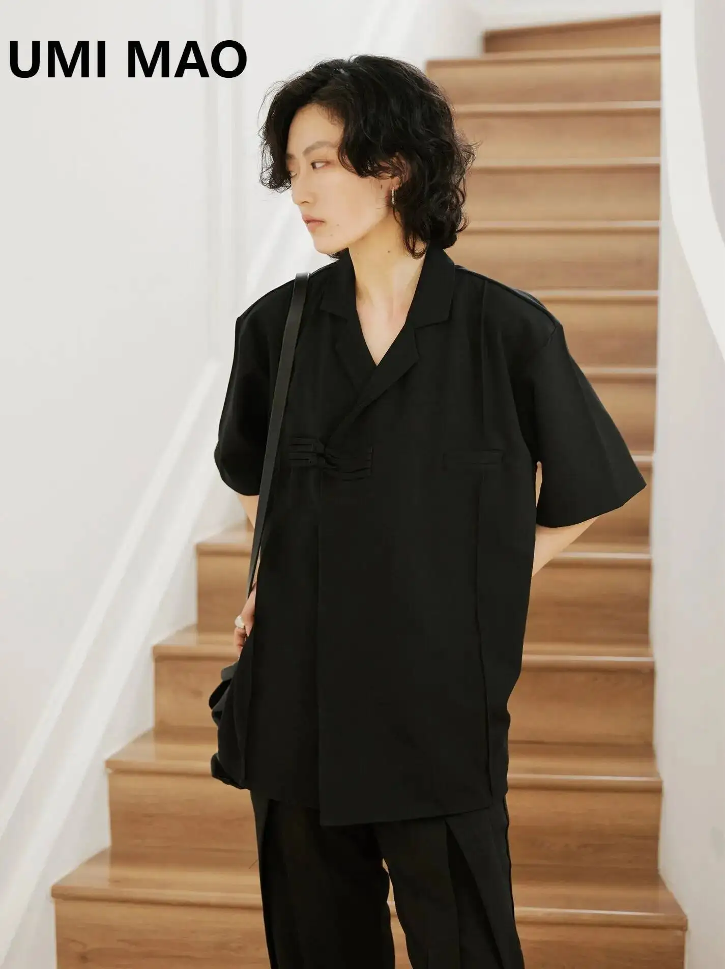 UMI MAO Niche Yamamoto Dark Top Design New Chinese Style Buckle Slanted Placket Lapel Short Sleeved Draped Shirt Femme
