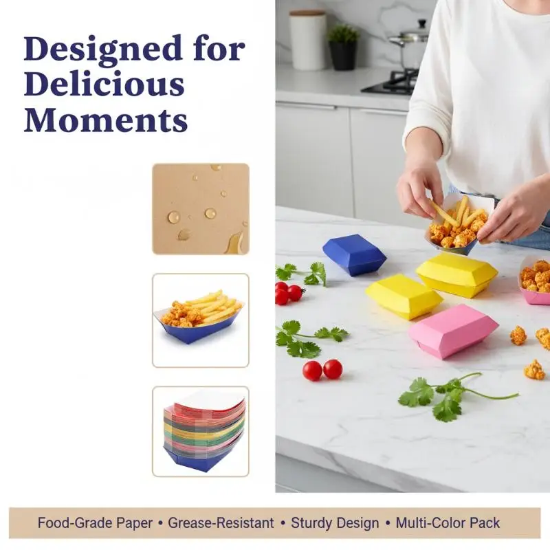 【YA】12Pcs Paper Food Trays Boat Shape Disposable Popcorn Boxes Solid Color Eco Friendly for Catering and Lunch Service