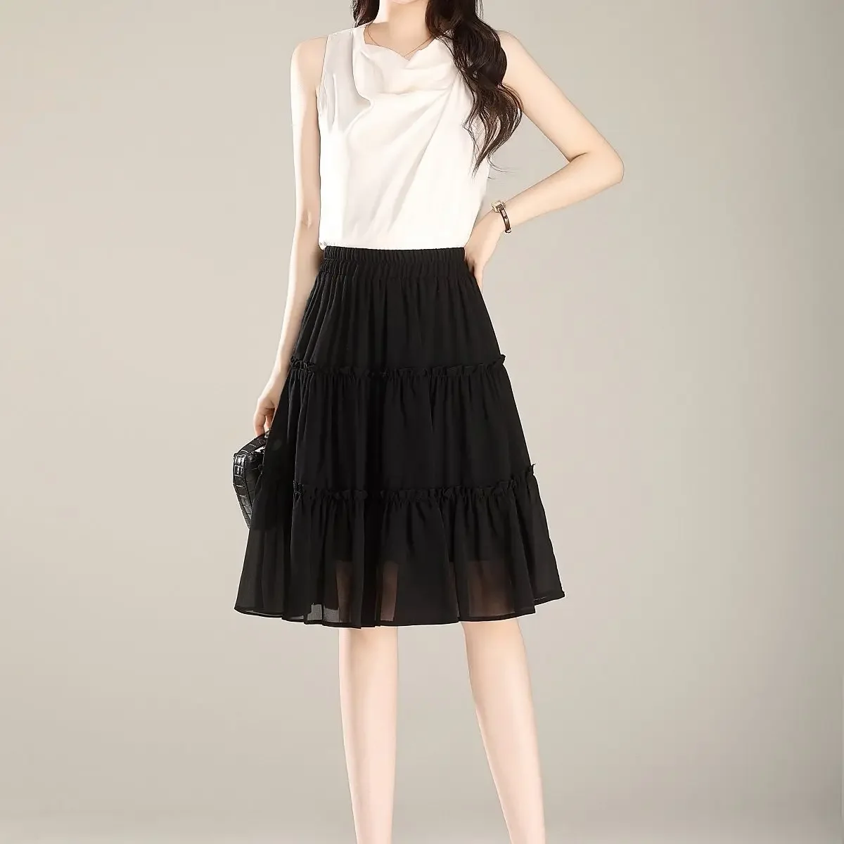 Women's Skirt Midi Patchwork Black Female Skirts High Waist New in Y2k Vintage Clothing Trend 2025 V Korean Style Quality Cheap