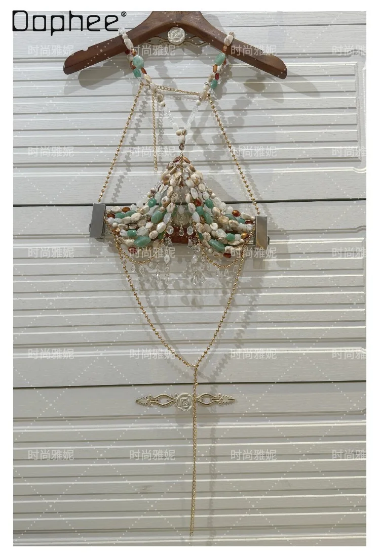 

Sexy Suspender Heavy Industry Colored Beaded Tops Retro Temperament Hollow Short Suspender Top Women Seaside Vacation Bikini Top
