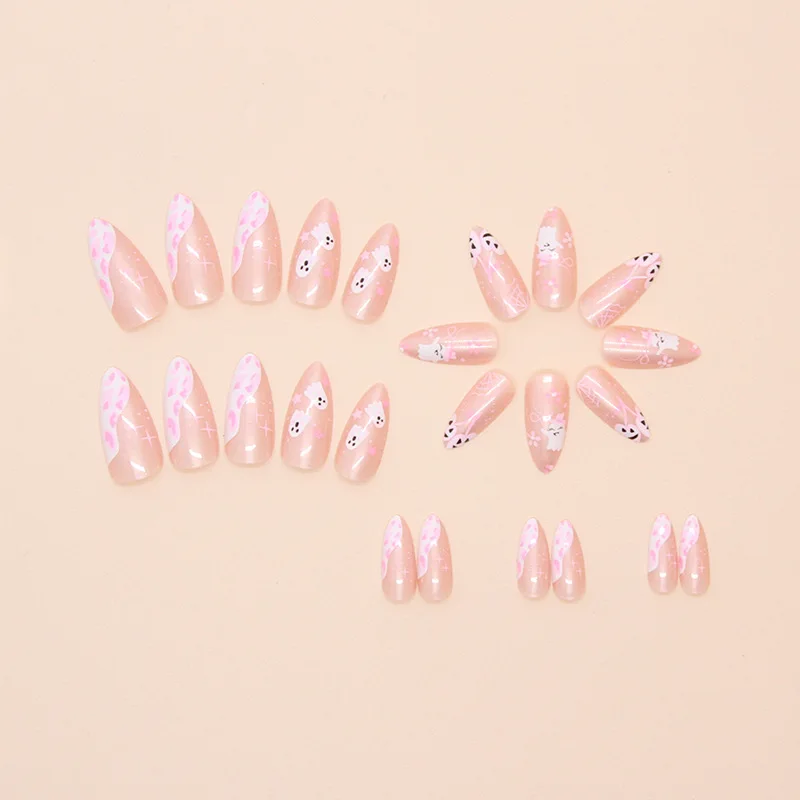 24 розовый миндаль, давить на ногти, милый белый призрак, паутина, печатать на Хэллоуин, поддельные ногти, корейские сладкие, поддельные кончики ногтей.