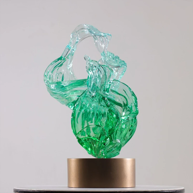*#Q Factory Custom Gradient Emerald Green Twisted Hollow Flowing Resin Hand-painted Artistic Tabletop Sculpture Gold Metal Base&