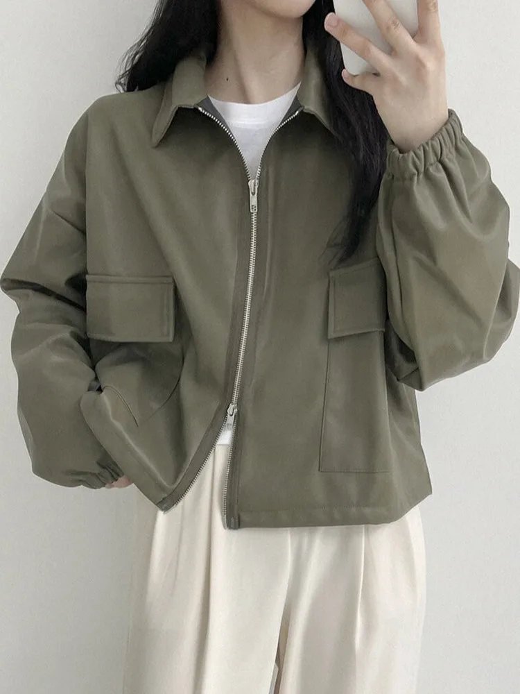 Fashionable Long Sleeve Leather Jacket Women's Short Style Drawstring Design Retro Top for Autumn New Arrival PU Leather