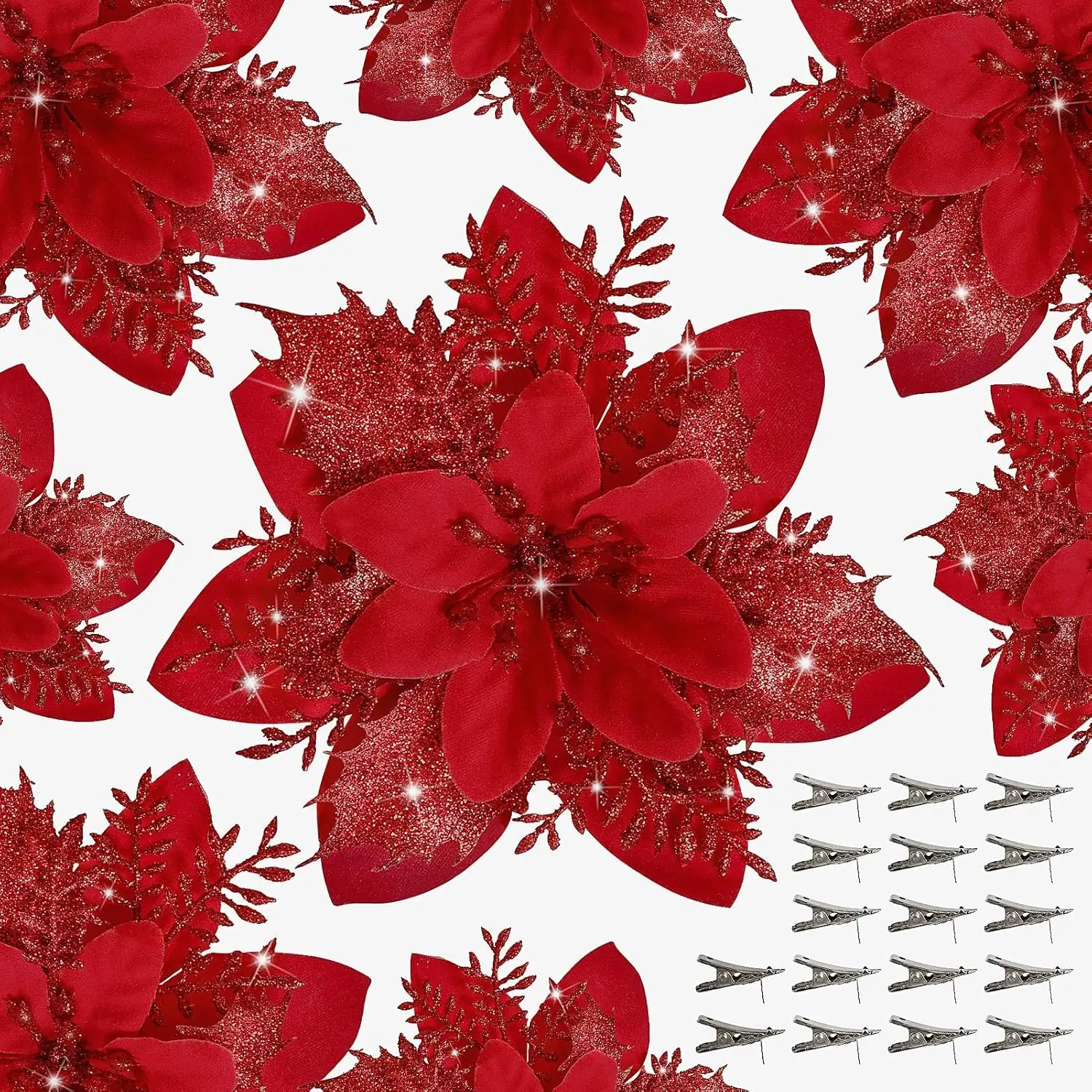 15PCS Artificial Poinsettia with Clips Glitter Christmas Tree Ornaments for DIY Wreath Holiday Decor, Customized
