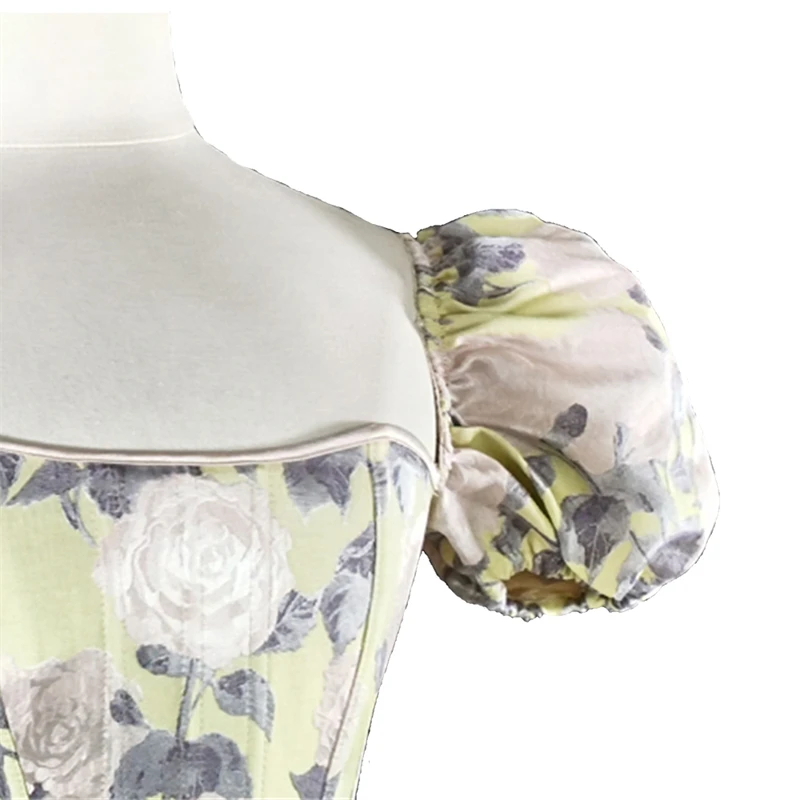 

Vintage Court Print Corset Top Women Elegant Slimming Lingerie Bustier Fashion Puff Sleeve Fish Bone Shaping Stage Costume