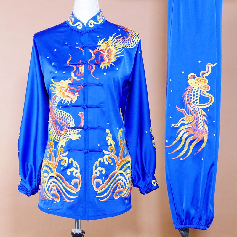 Light Yellow Embroidered Dragon Tai Chi Wushu Uniform Kung Fu Practice Suit Men Women Sword Routine Performance Costume Custom
