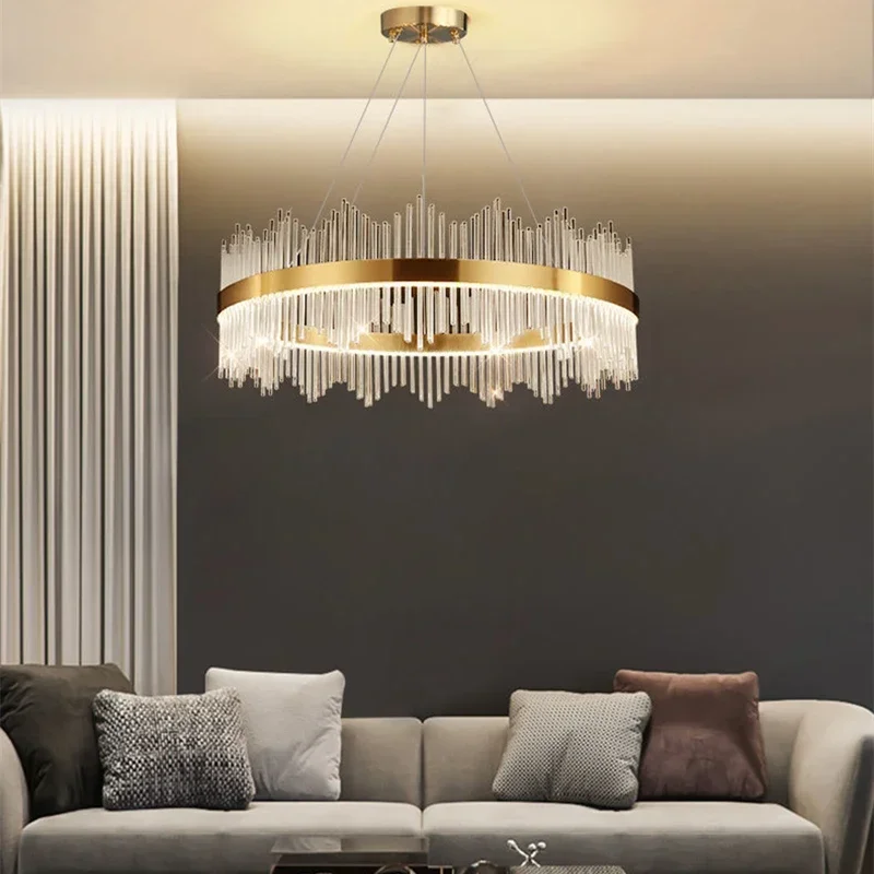 

Luxury Crystal Golden Pendant Chandelier Remote Control Dimming For Living Dinning Room Hangging Indoor Decor Led Lighting