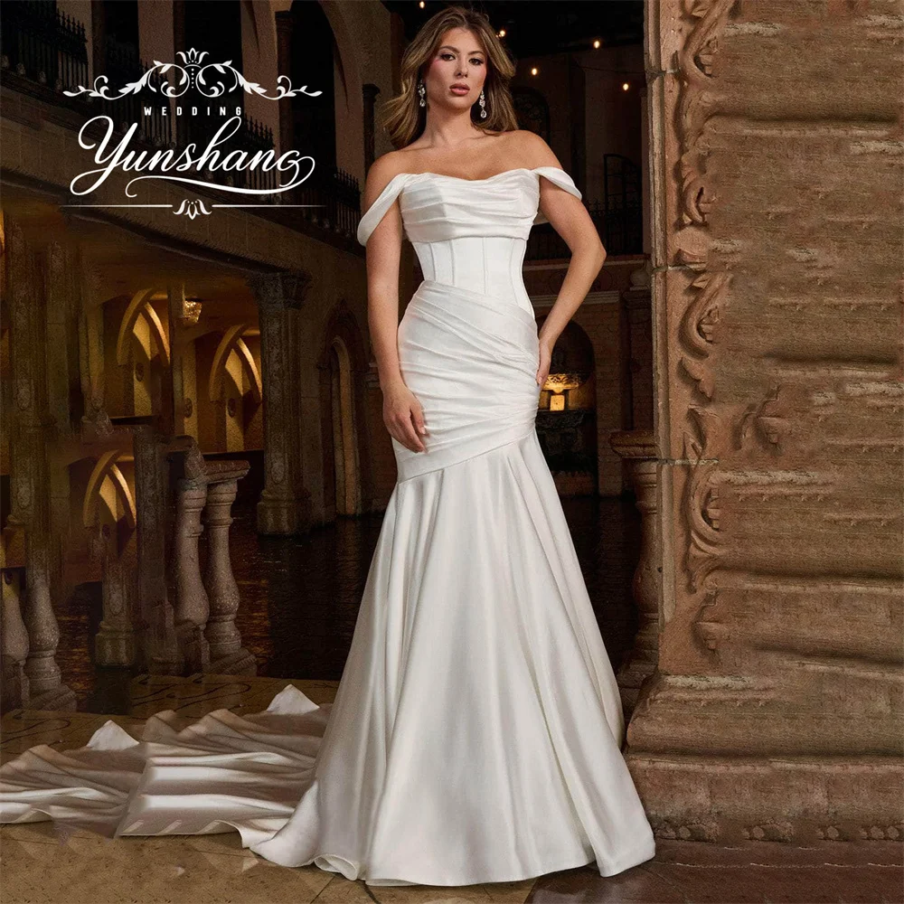 Yunshang Customized Wedding Dress Off Shoulder Mermaid Bridal Dress Ruched Detail Long Train Wedding Gown Corset Simple Morden