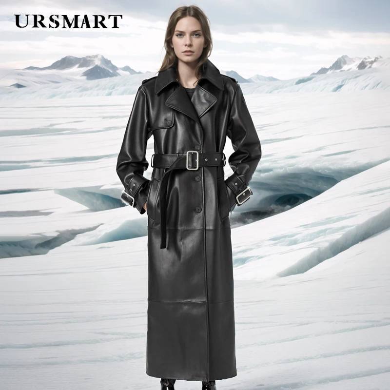 Classic Black Sheepskin Leather Trench Coat for Women Double-Breasted Long Length Loose Fit