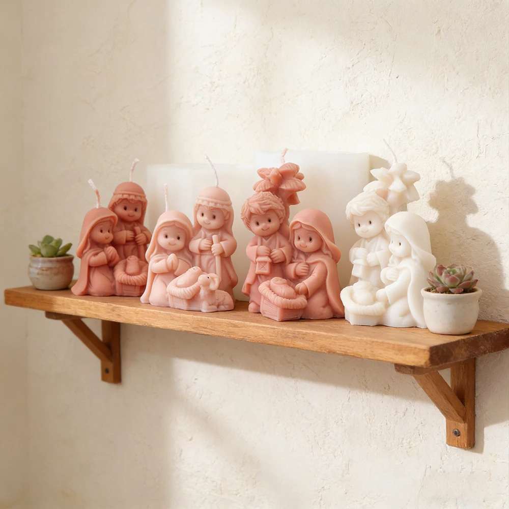 Nativity Scene Silicone Candle Mold 3D Jesus Family Figurine Candle Making Mold Religious Soap Resin Plaster Craft Mould Decor